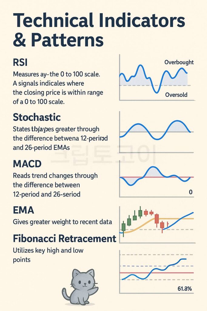 도지코인 RSI·스토캐스틱·MACD·EMA·피보나치 되돌림 지표를 요약한 암호화폐 기술적 분석 인포그래픽