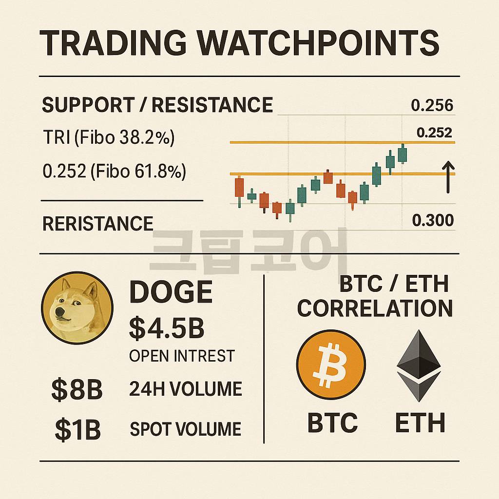 Dogecoin 단기 지지·저항 및 파생상품 수급, BTC·ETH 연동성을 요약한 인포그래픽 이미지