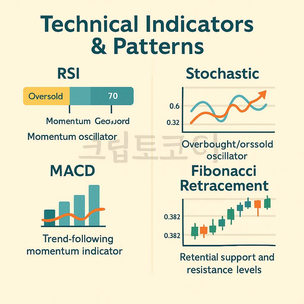암호화폐 시장 기술적 지표 RSI, 스토캐스틱, MACD, 피보나치 되돌림을 도표와 차트로 정리한 인포그래픽