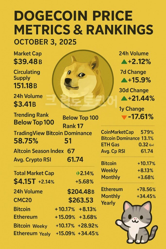 도지코인 가격 및 주요 지표를 보여주는 인포그래픽