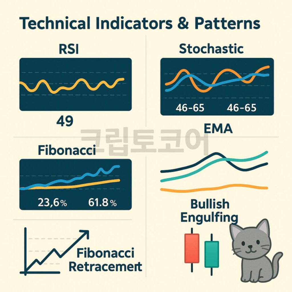 도지코인 기술 지표(RSI, 스토캐스틱, MACD, EMA, 피보나치 되돌림, 불리시 잉골핑 패턴)를 시각적으로 요약한 밝은 배경의 인포그래픽