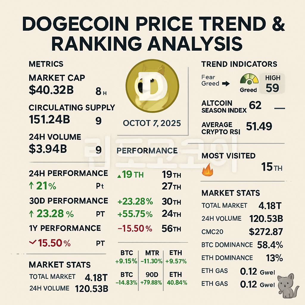 도지코인 시세와 주요 지표를 한눈에 요약한 2025년 10월 7일자 인포그래픽