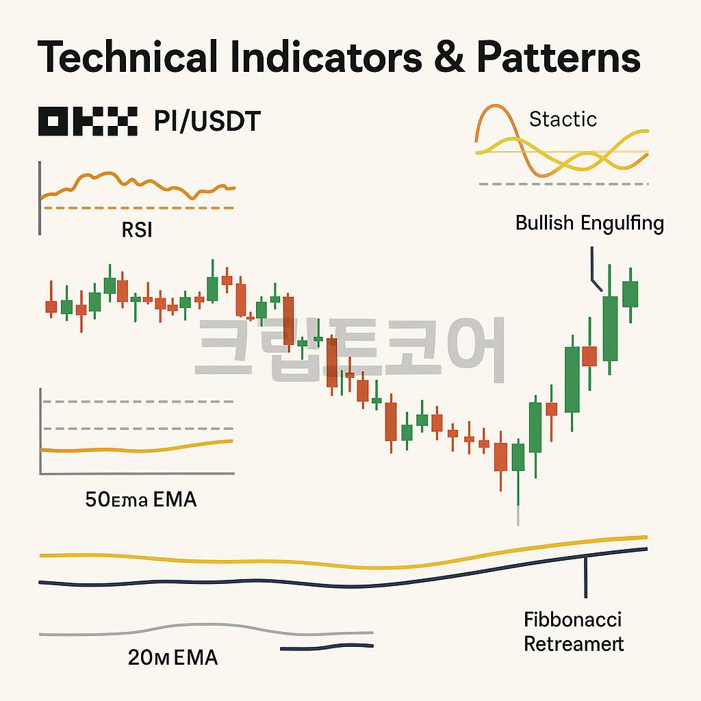 PI/USDT 차트의 주요 기술 지표와 패턴을 시각적으로 요약한 인포그래픽