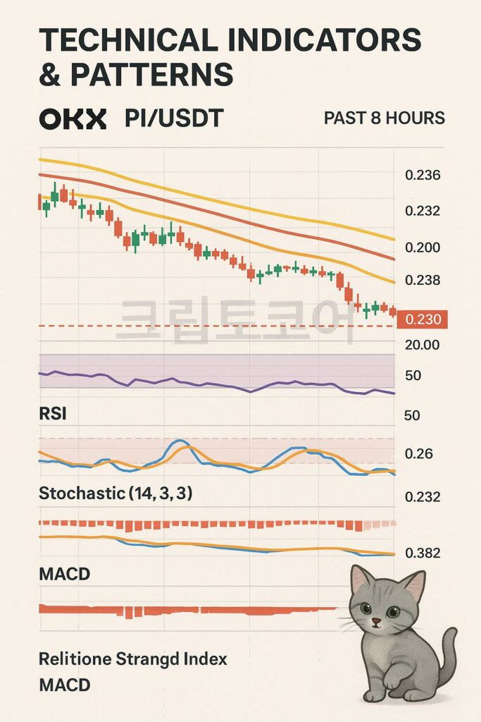 PI/USDT 8시간 차트에서 RSI·MACD·스토캐스틱 등 주요 기술 지표를 포함한 하락 추세 분석 인포그래픽