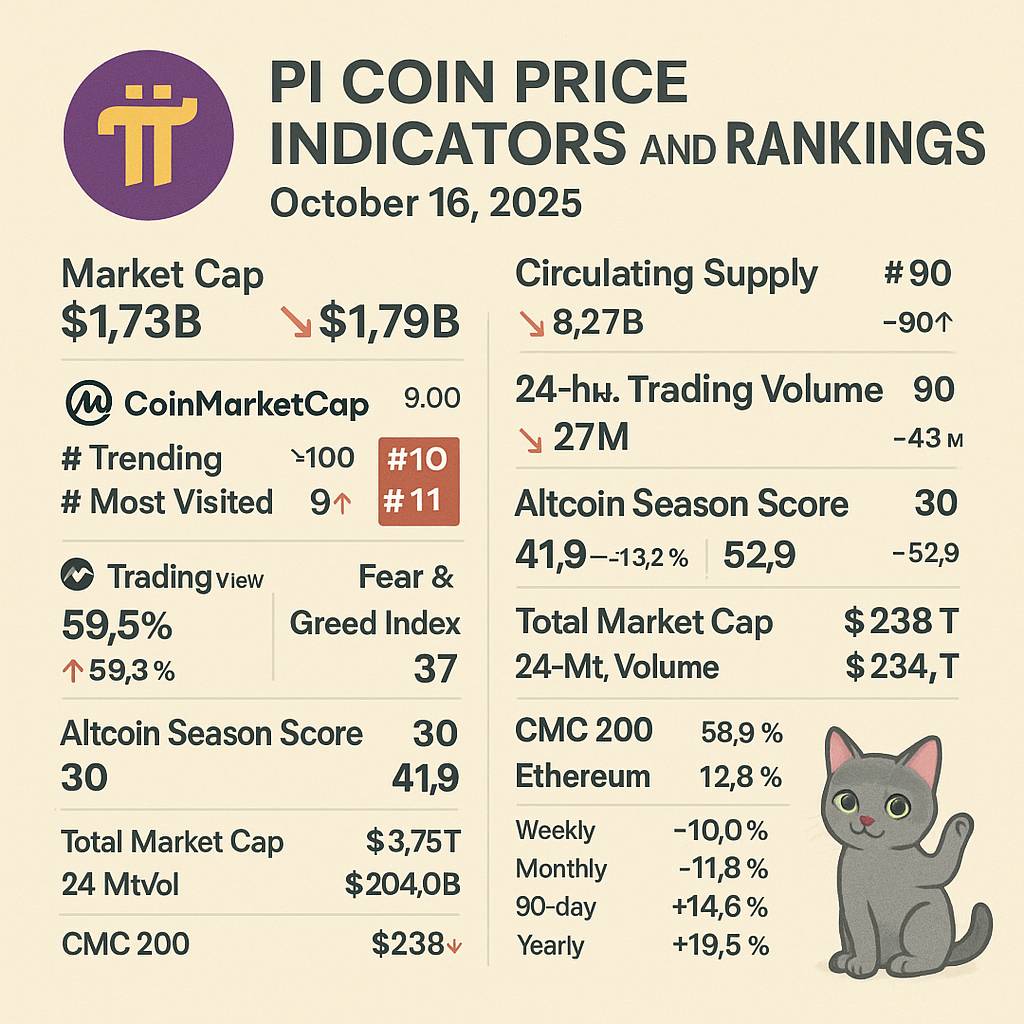 파이코인 2025년 10월 16일 주요 시세 및 트렌드 지표 인포그래픽