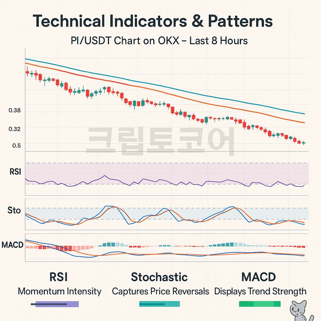 PI 코인의 8시간 차트 기술적 분석 인포그래픽 — RSI, 스토캐스틱, MACD, EMA, 피보나치 되돌림 지표를 시각화한 이미지 설명