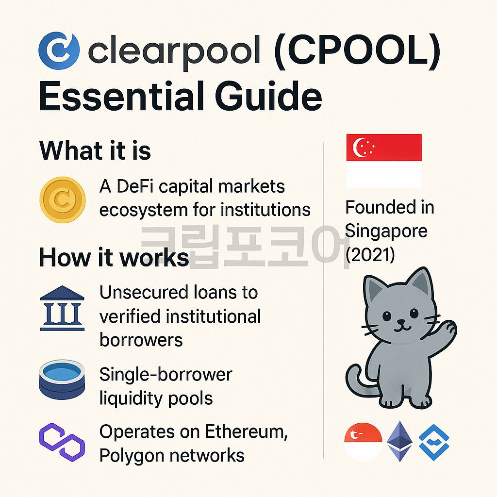 클리어풀(CPOOL) DeFi 자본시장 핵심 가이드를 요약한 밝은 배경의 인포그래픽