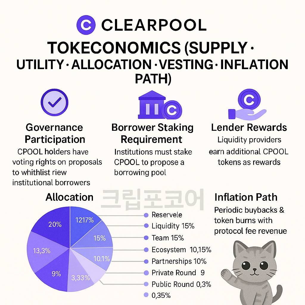 클리어풀 CPOOL 토크노믹스 구조와 핵심 유틸리티를 시각적으로 설명한 인포그래픽