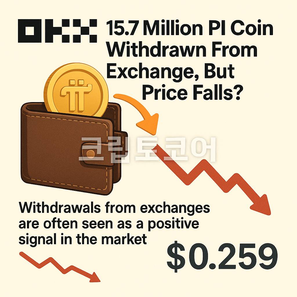 OKX에서 1,570만 개의 파이코인 출금 후 가격 하락 상황을 시각화한 인포그래픽
