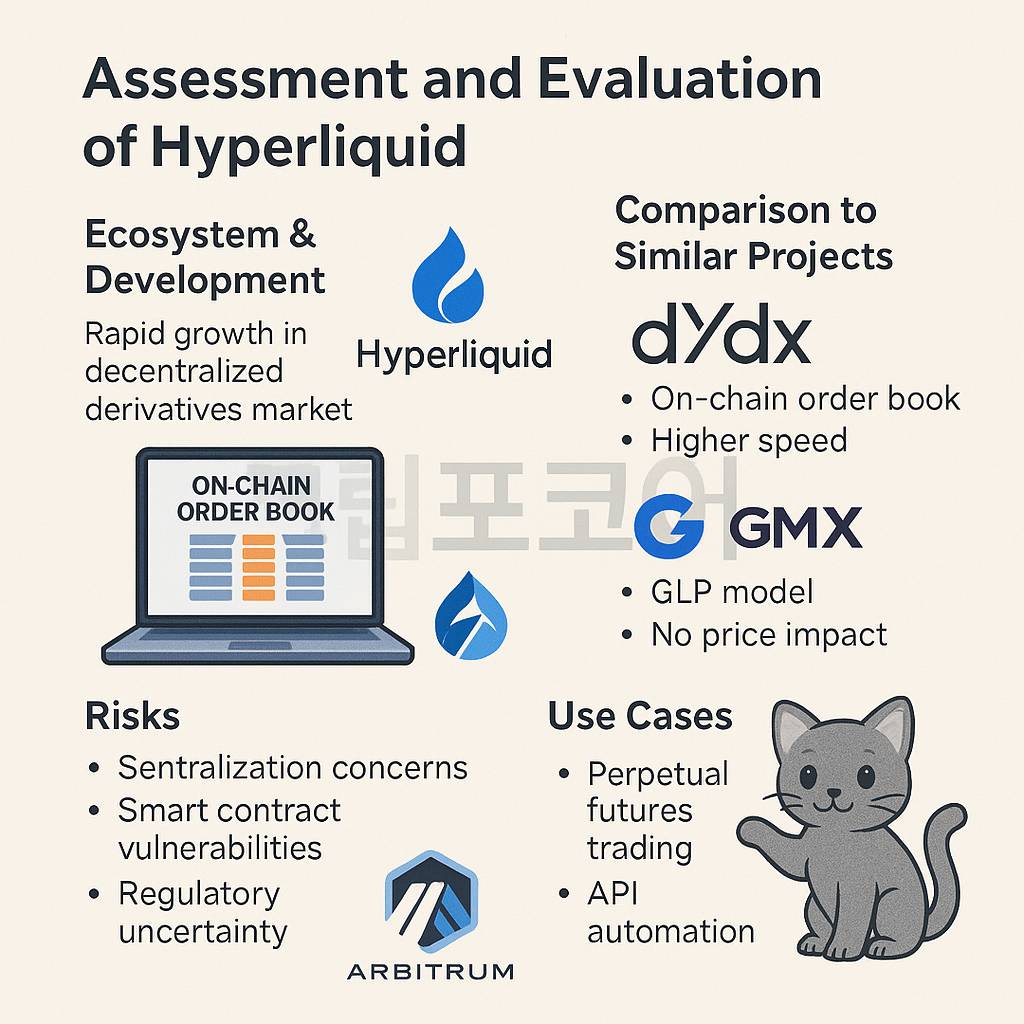 Hyperliquid overview infographic with English text, logos of Hyperliquid/dYdX/GMX/Arbitrum