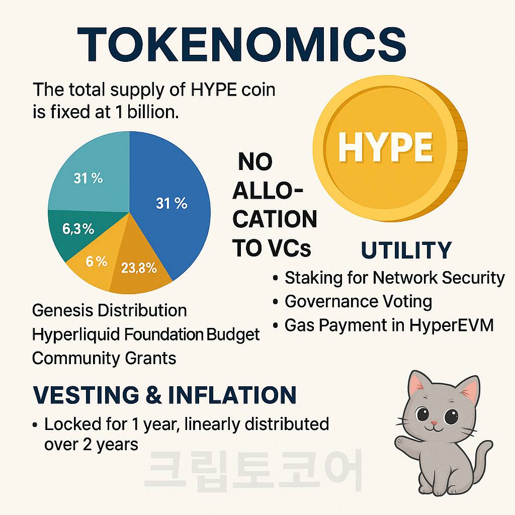 HYPE 코인의 토크노믹스와 유틸리티를 시각적으로 설명하는 인포그래픽