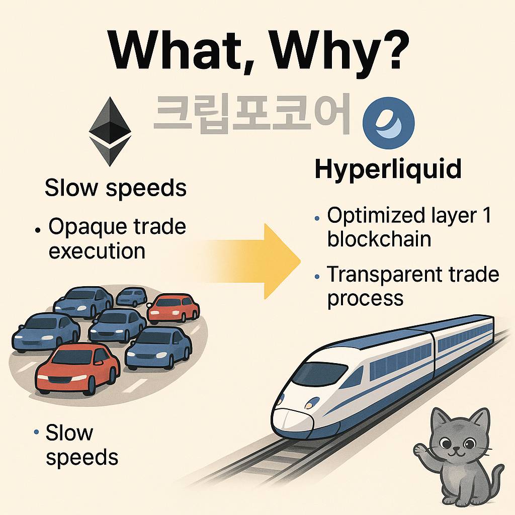 하이퍼리퀴드의 초고속 레이어1 블록체인을 통해 느린 거래소 문제를 해결하는 과정을 시각적으로 보여주는 인포그래픽
