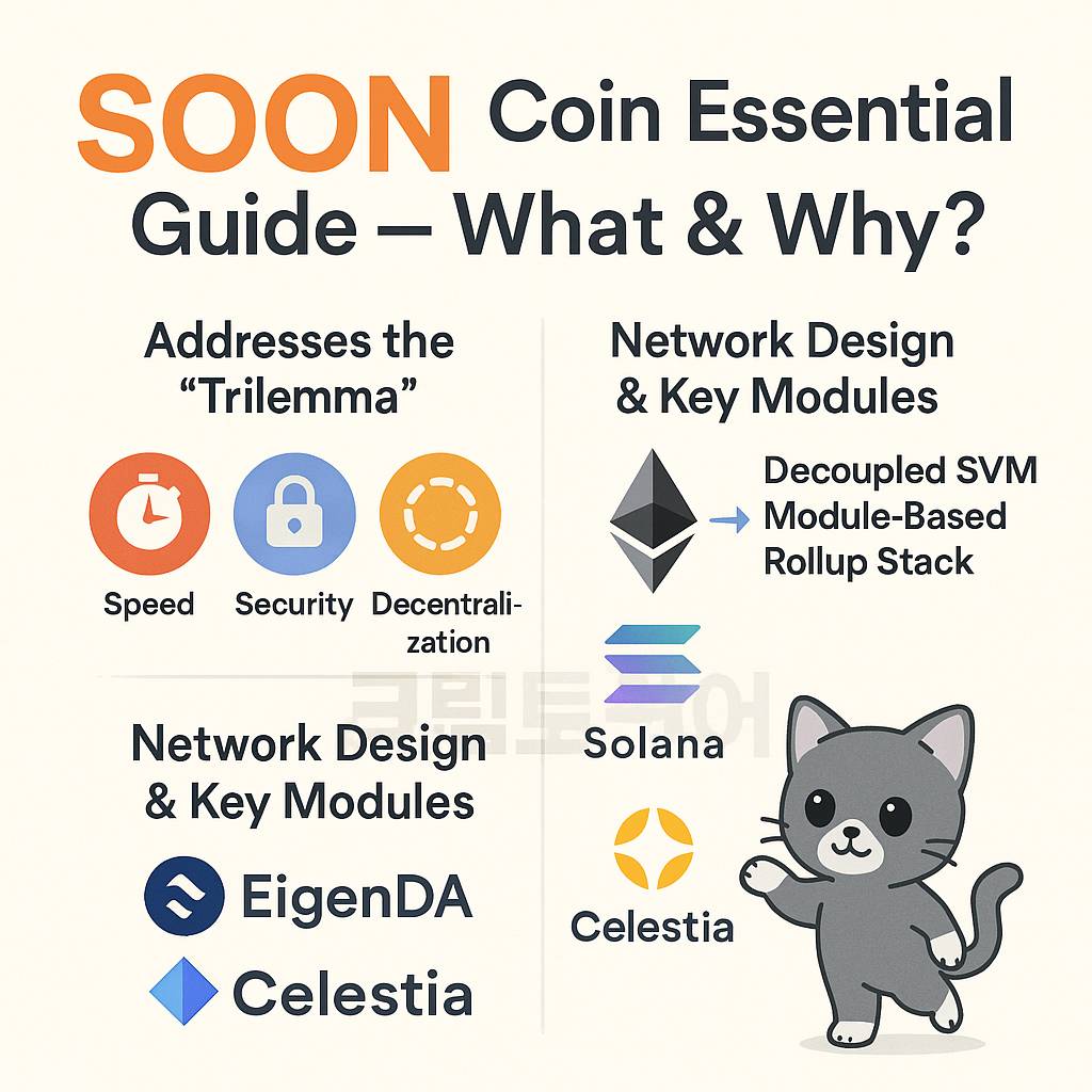 SOON 코인의 핵심 개념과 네트워크 구조를 요약한 밝은 톤의 인포그래픽