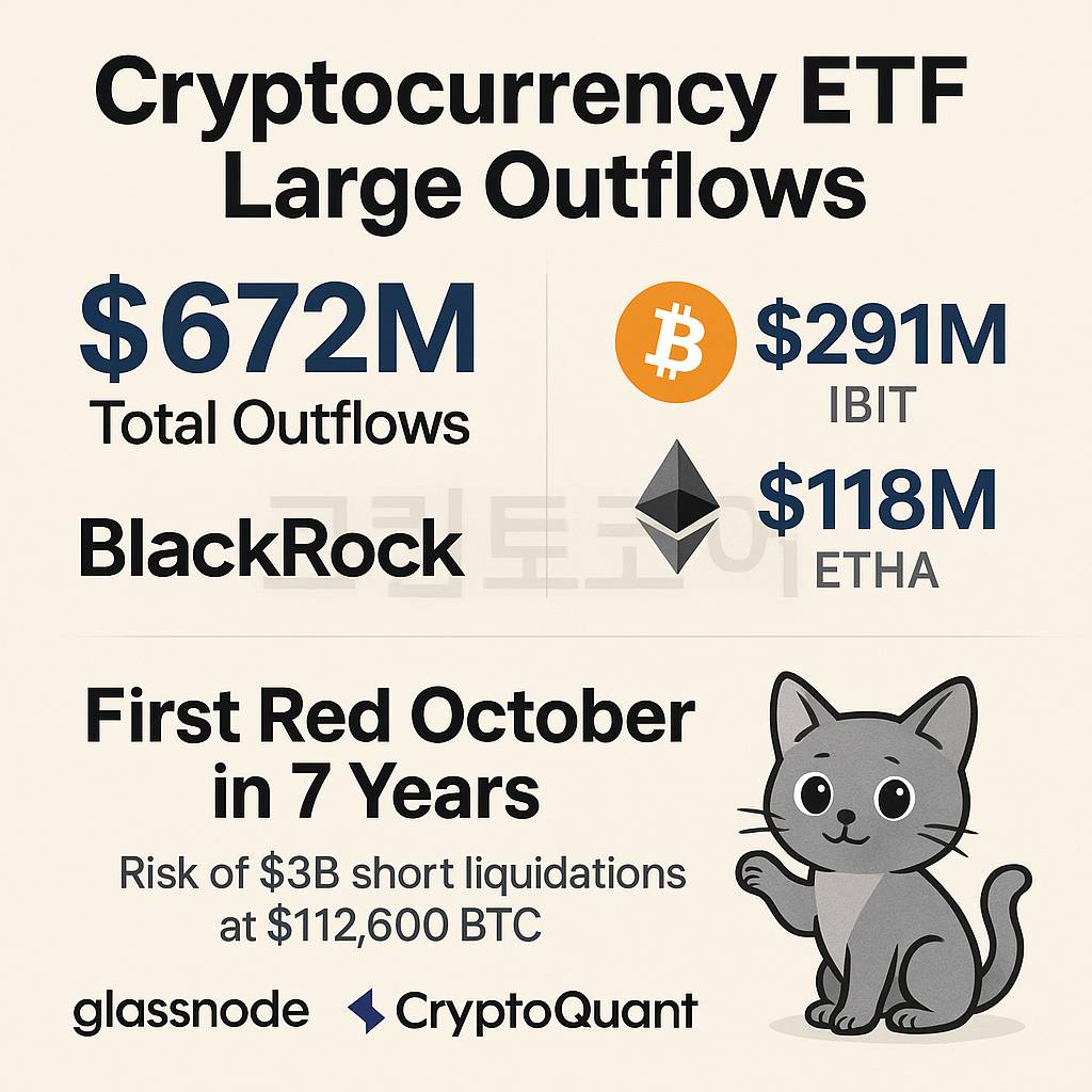 암호화폐 ETF 대규모 자금 유출과 7년 만의 10월 하락 마감을 설명하는 인포그래픽