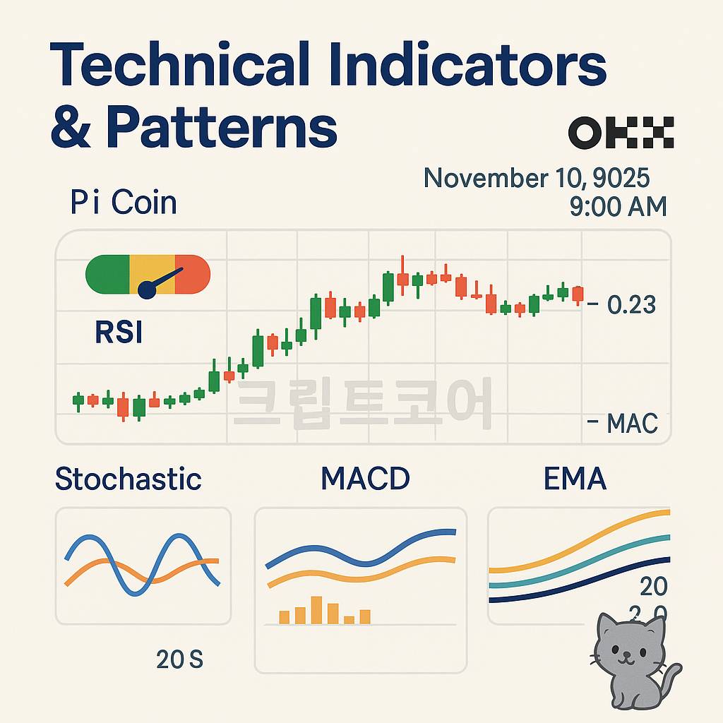 파이코인 기술 지표와 패턴을 시각적으로 요약한 인포그래픽, RSI·스토캐스틱·MACD·EMA 지표를 담은 차트 구성