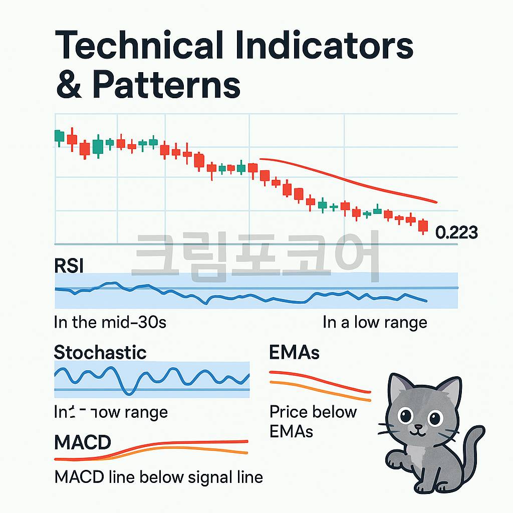 파이코인의 기술적 지표를 시각화한 차트 인포그래픽, RSI·MACD·스토캐스틱·이동평균선의 흐름과 약세 구간을 보여주는 분석 이미지