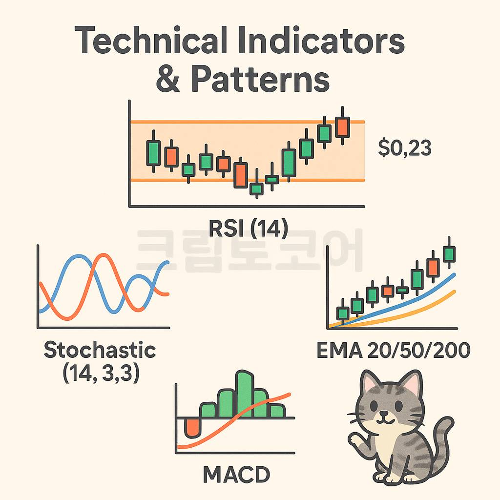 기술적 지표를 구성한 캔들 차트와 RSI·Stochastic·MACD·EMA 아이콘이 배치된 인포그래픽