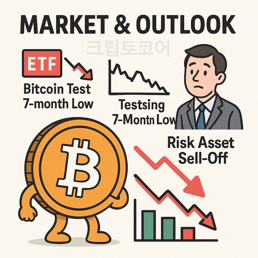 글로벌 디지털 자산 시장의 조정·ETF 자금 이탈·비트코인 약세 흐름을 요약한 인포그래픽