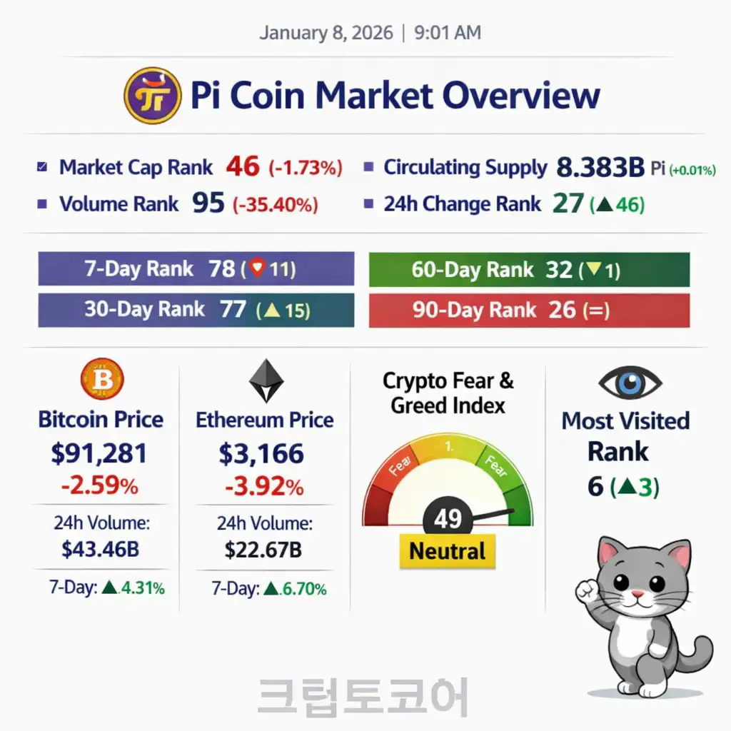 오늘 파이코인 24시간 가격 시세 지표 순위 2026년 1월 8일 순위 지표 인포그래픽