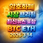 암호화폐 시장 브리핑 2026년 3월 14일 - 비트코인 이더리움 메인 이미지 인포그래픽